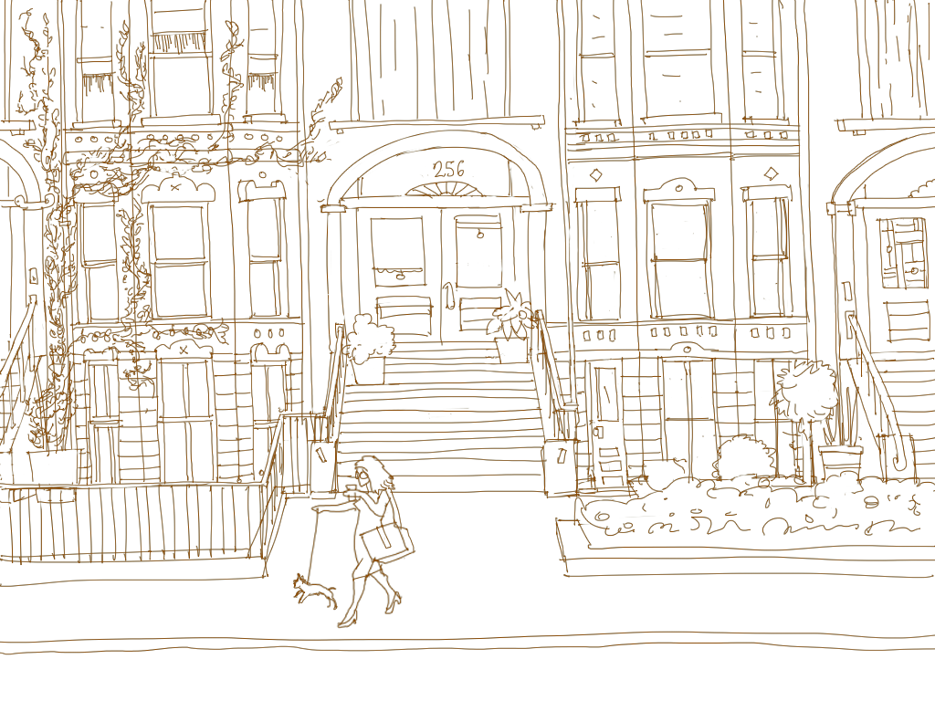 A drawing of a city brownstone with a woman walking her dog on the sidewalk