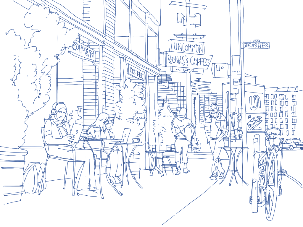 A drawing of a city street featuring people sitting outside the Uncommon Cafe