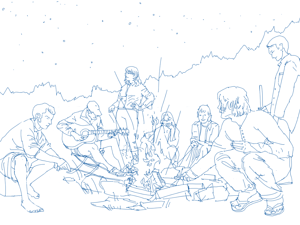 Illustrated scene of people around a campfire