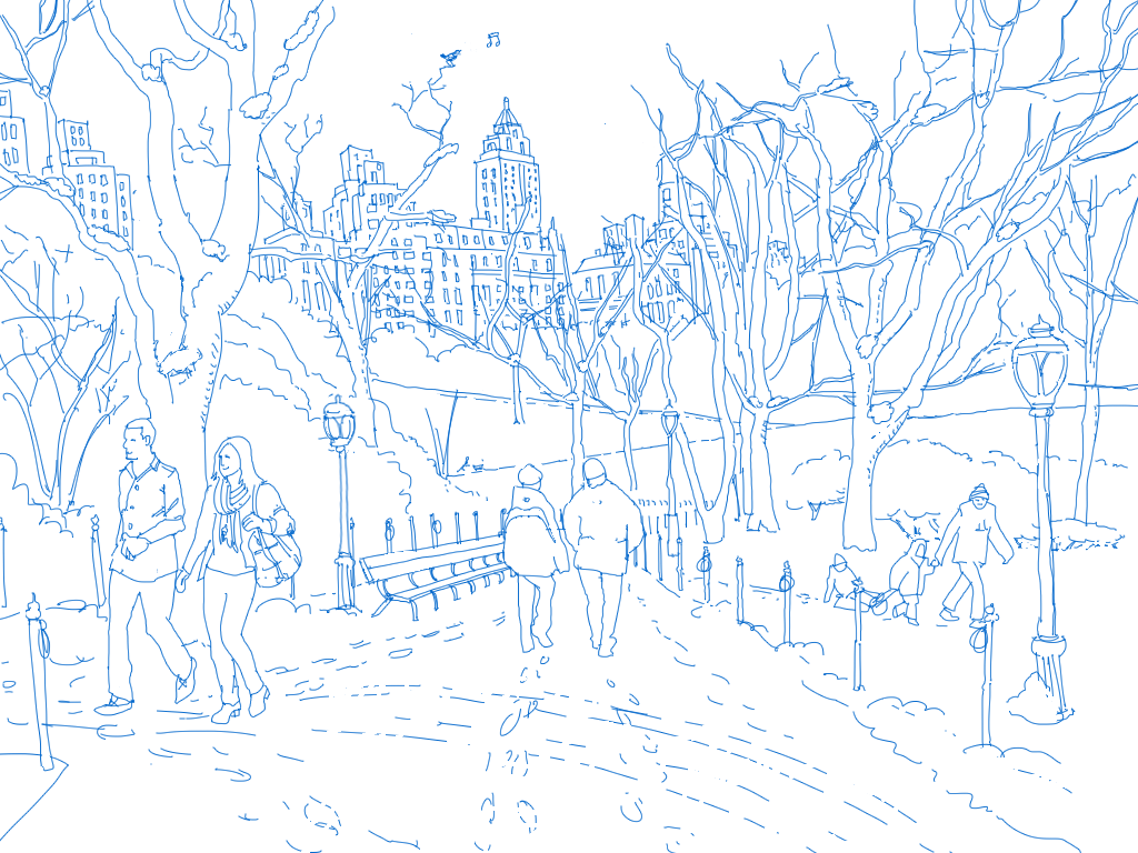 Illustrated winter scene of people walking through a city park.