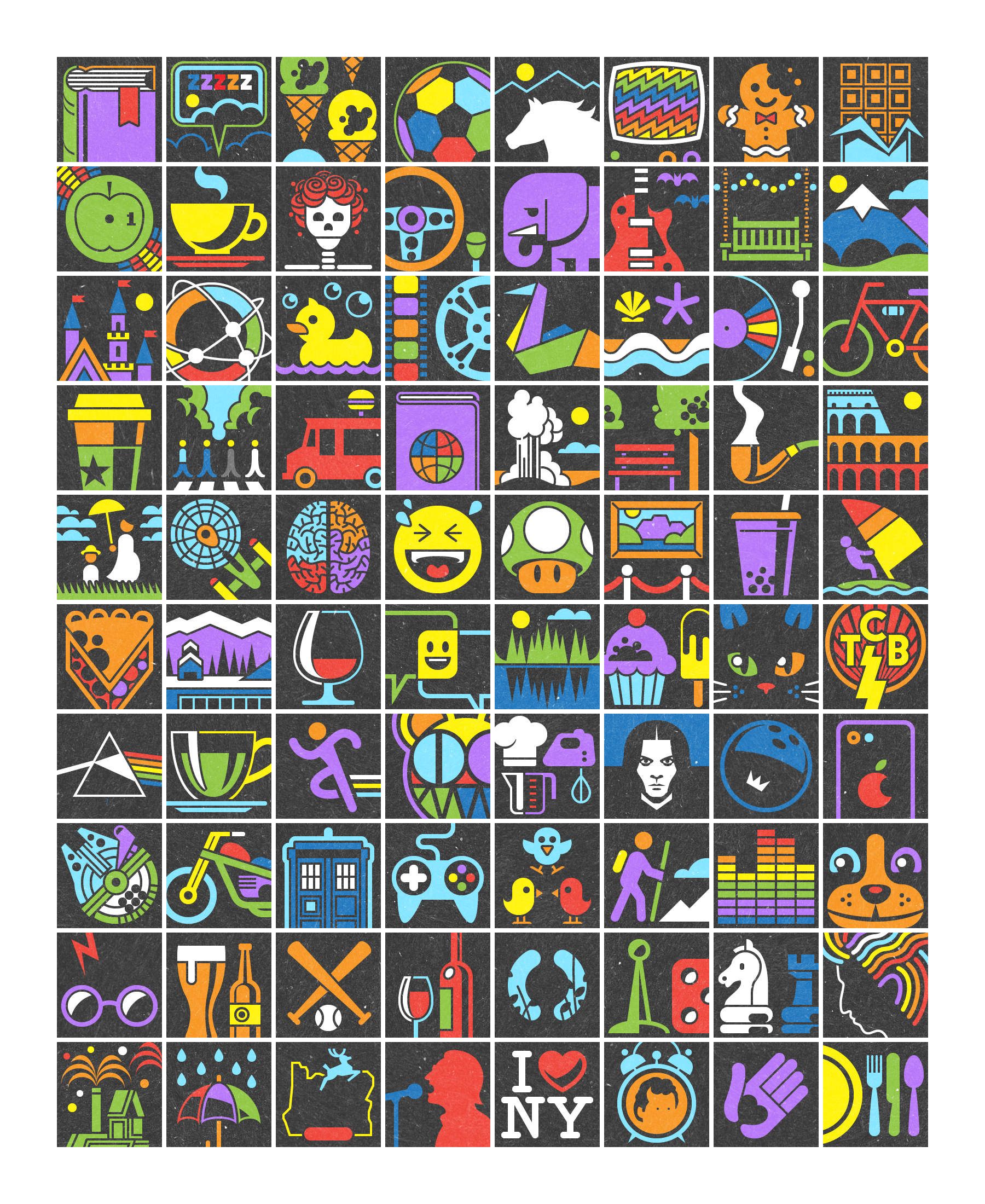 80 illustrated icons representing everything from cats and baseball to sleeping and Star Trek