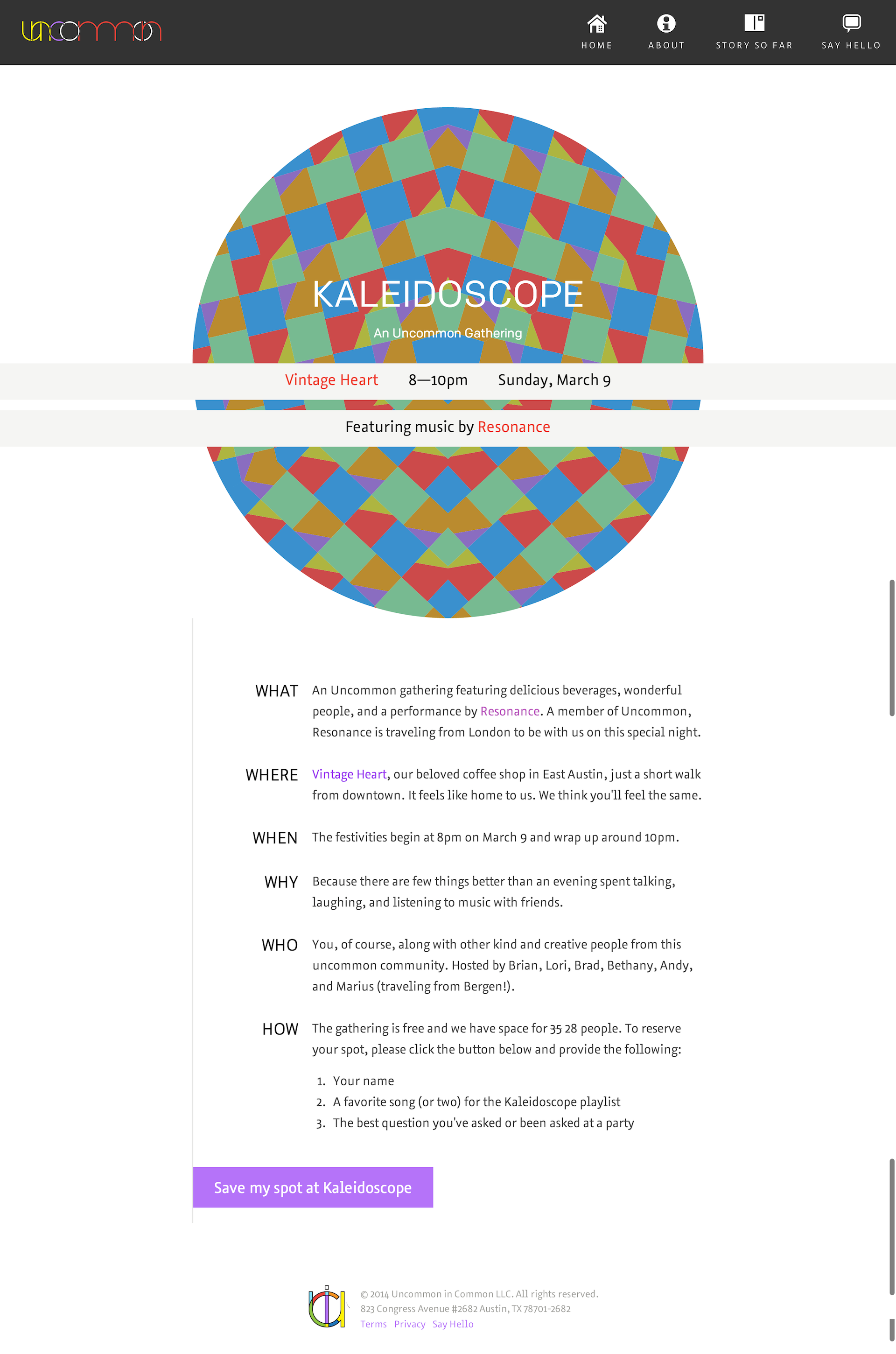 The web page inviting people to attend the Kaleidoscope gathering.